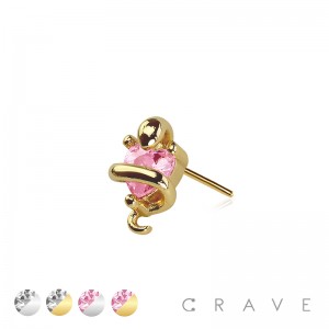 316L SURGICAL STEEL THREADLESS PUSH IN CZ HEART SNAKE COBRA TOP PART (ONLY)